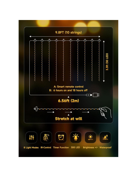 Cortina de Luces LED Brightown 300, 3m x 3m, Control Remoto