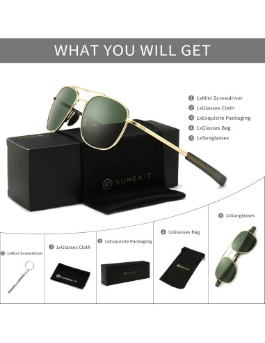 Gafas de sol piloto SUNGAIT con lentes polarizados verdes