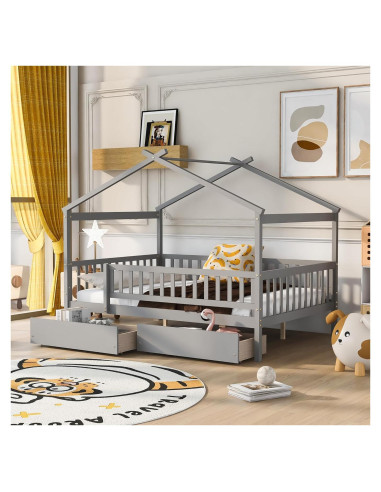 Cama Casa Completo Bellemave con Cajones y Barandillas Gris