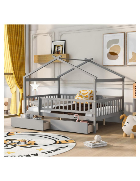 Cama Casa Completo Bellemave con Cajones y Barandillas Gris