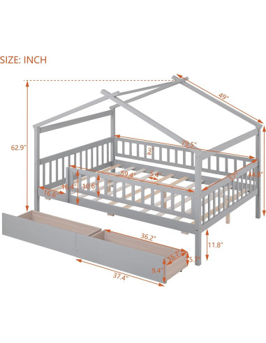 Cama Casa Completo Bellemave con Cajones y Barandillas Gris