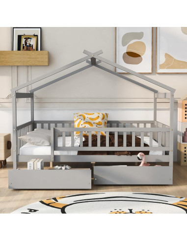 Cama Casa Completo Bellemave con Cajones y Barandillas Gris