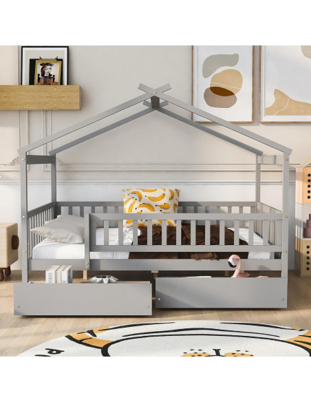 Cama Casa Completo Bellemave con Cajones y Barandillas Gris