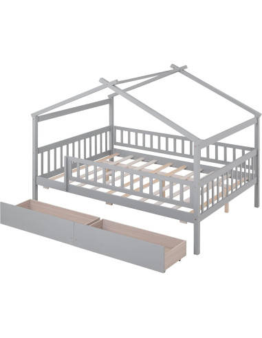 Cama Casa Completo Bellemave con Cajones y Barandillas Gris