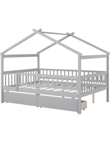 Cama Casa Completo Bellemave con Cajones y Barandillas Gris