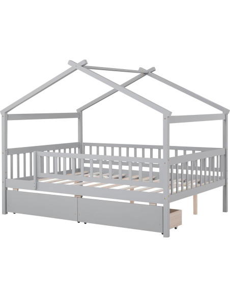 Cama Casa Completo Bellemave con Cajones y Barandillas Gris