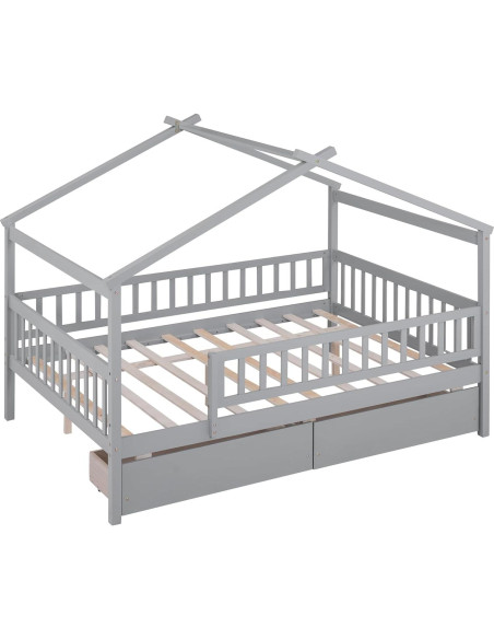 Cama Casa Completo Bellemave con Cajones y Barandillas Gris
