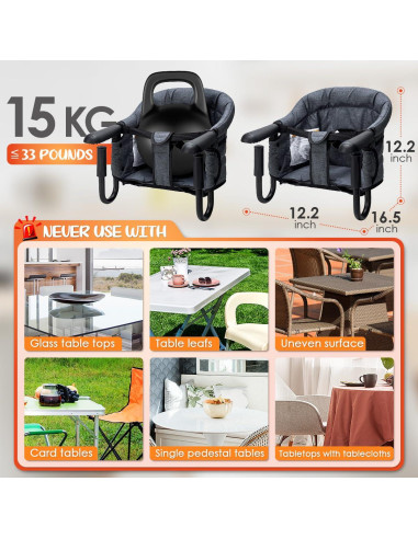 Silla Alta Plegable con Gancho para Bebés - Gris, 15 kg