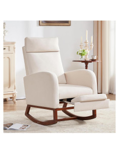 Silla Mecedora AYEASY Beige Lino con Reposapiés Ajustable