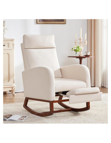 Silla Mecedora AYEASY Beige Lino con Reposapiés Ajustable