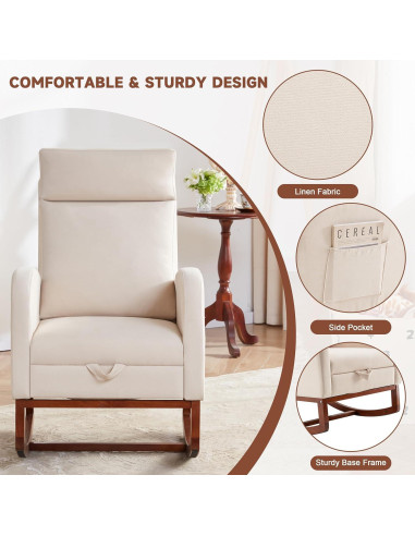 Silla Mecedora AYEASY Beige Lino con Reposapiés Ajustable