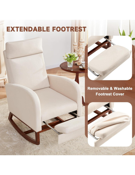 Silla Mecedora AYEASY Beige Lino con Reposapiés Ajustable