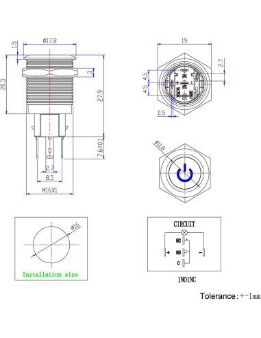 Interruptor de Botón de Presión Ulincos U16F5 1NO1NC Azul