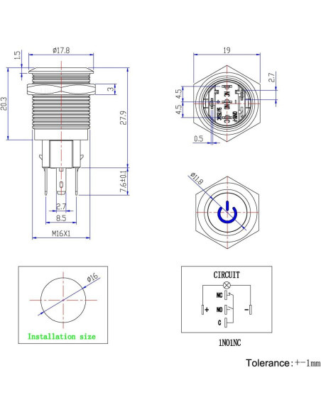 Interruptor de Botón de Presión Ulincos U16F5 1NO1NC Azul