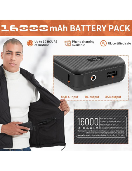 Chaleco Térmico Unisex 16000mAh DC 7.4V Ligero Negro