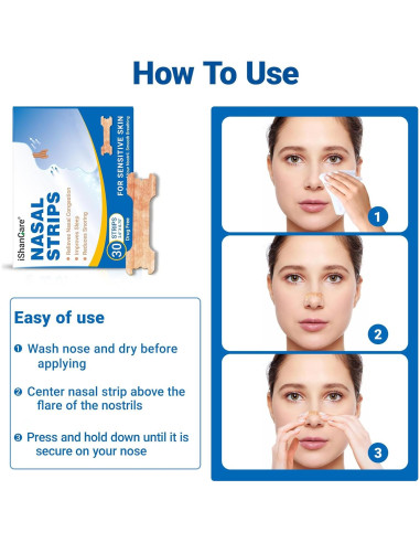 Tiras Nasales iShanCare 30 Conteo para Mejor Sueño y Respiración
