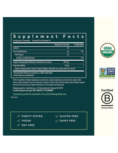 Gomas Orgánicas de Ashwagandha Gaia Herbs - 45 Unidades