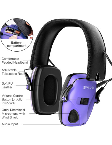 Auriculares Electrónicos Awesafe para Disparos NRR 24dB Púrpura