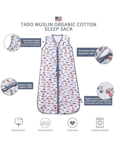 Saco de Sueño Bebé 0-6 Meses TADO MUSLIN Autos 100% Algodón