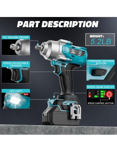 Llave de impacto inalámbrica 1/2" Cerycose 750 pies-libras