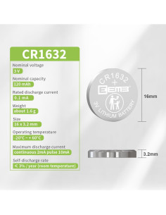 Paquete de 10 Baterías de Litio EEMB CR1632 3V 120mAh 2