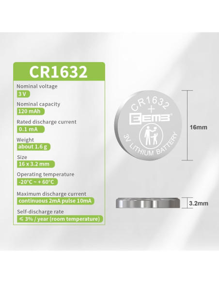 Paquete de 10 Baterías de Litio EEMB CR1632 3V 120mAh