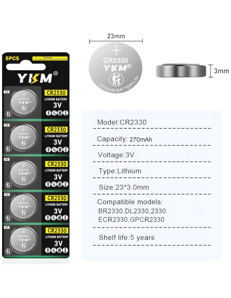 Paquete de 5 Baterías de Litio YKM CR2330 3V para Control Remoto