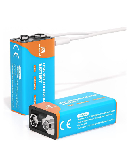 Batería Recargable 9V Maxwel 650mAh con Cable USB-C (Paquete de 2)