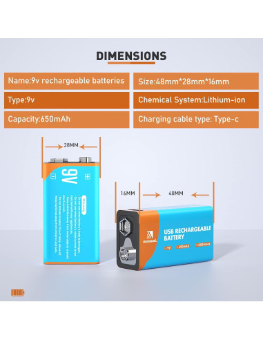 Batería Recargable 9V Maxwel 650mAh con Cable USB-C (Paquete de 2)