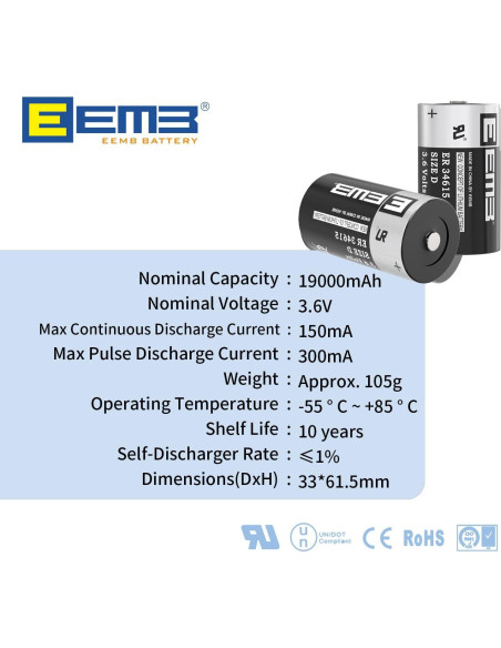 4 Baterías de Litio EEMB ER34615 3.6V 19000mAh No Recargable