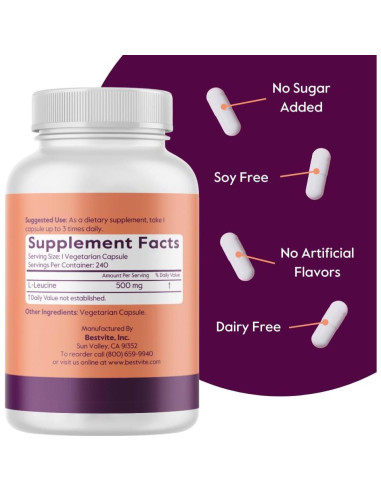 Suplemento de L-Leucina Bestvite 500mg 480 Cápsulas Veganas