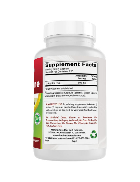 L-Arginina 500mg Mejores Naturales 250 Cápsulas Suplemento