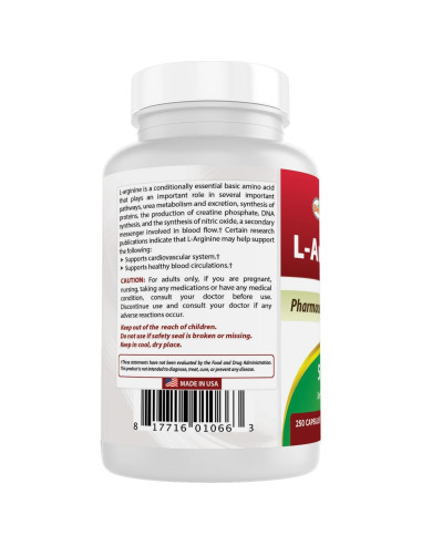 L-Arginina 500mg Mejores Naturales 250 Cápsulas Suplemento