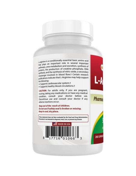 L-Arginina 500mg Mejores Naturales 250 Cápsulas Suplemento