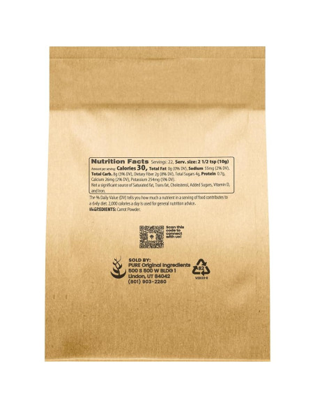 Polvo de Zanahoria 227g Ingredientes Orgánicos Puros Sin Aditivos