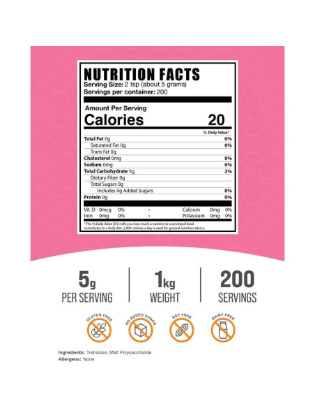 Polvo de Trehalosa BulkSupplements 1kg - Edulcorante Natural Vegano