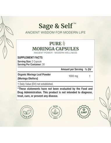 Cápsulas de Moringa Orgánica Sage & Self - 1000 mg - 60 Unidades