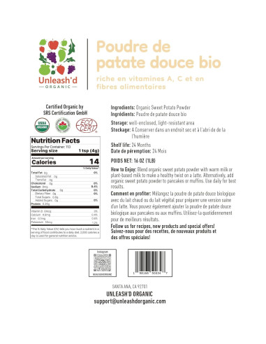 Polvo de Batata Orgánica Unleash'd 450 g - 100% Puro Superalimento