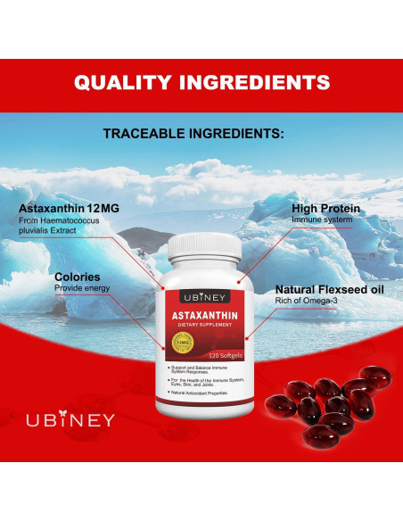 Suplemento de Astaxantina Ubiney 12mg 120 Cápsulas Blandas