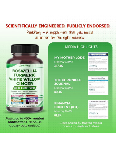Suplemento Articular PeakPury 150 Cápsulas - Boswellia, Cúrcuma, Jengibre