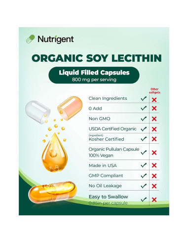 Suplemento de Lecitina de Soja Orgánica Nutrigent 800 mg - 60 Cápsulas