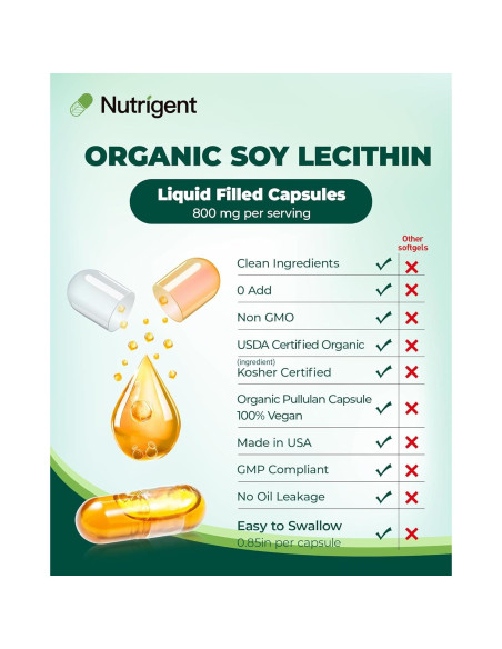 Suplemento de Lecitina de Soja Orgánica Nutrigent 800 mg - 60 Cápsulas