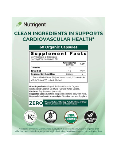 Suplemento de Lecitina de Soja Orgánica Nutrigent 800 mg - 60 Cápsulas