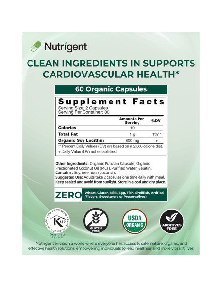 Suplemento de Lecitina de Soja Orgánica Nutrigent 800 mg - 60 Cápsulas