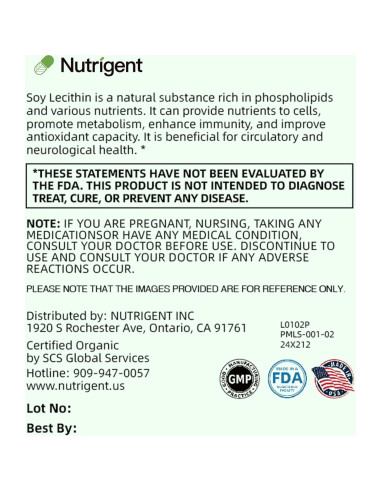 Suplemento de Lecitina de Soja Orgánica Nutrigent 800 mg - 60 Cápsulas