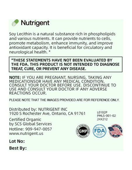 Suplemento de Lecitina de Soja Orgánica Nutrigent 800 mg - 60 Cápsulas