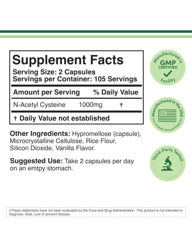 Suplemento NAC N-Acetil Cisteína 1000mg 210 Cápsulas Double Wood