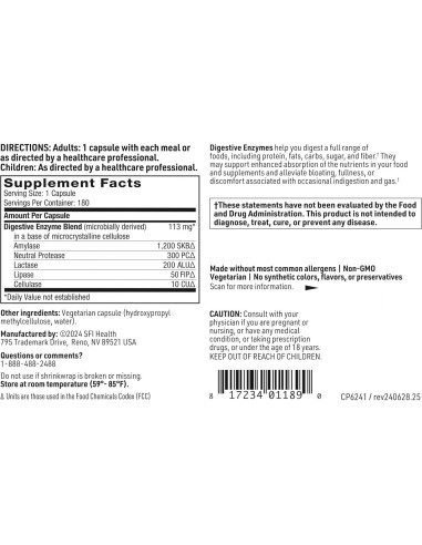 Enzimas Digestivas Klaire Labs SFI - 180 Cápsulas para Digestión