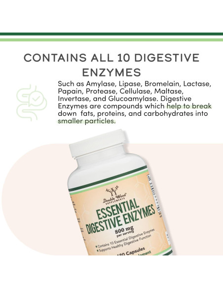 Enzimas Digestivas 800mg Double Wood - 10 Esenciales para Digestión