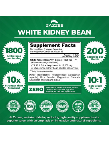 Extracto de Frijol Blanco Zazzee 10:1 1800 mg 200 Cápsulas Veganas